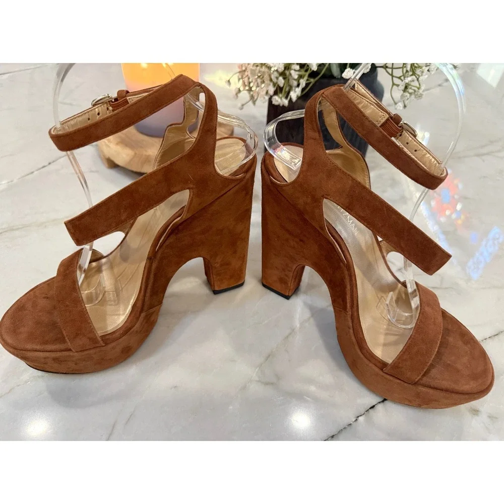 Stuart Weitzman Brown Suede Saucy Platform Wedge Sandals Ankle Strap Heels 9.5 M